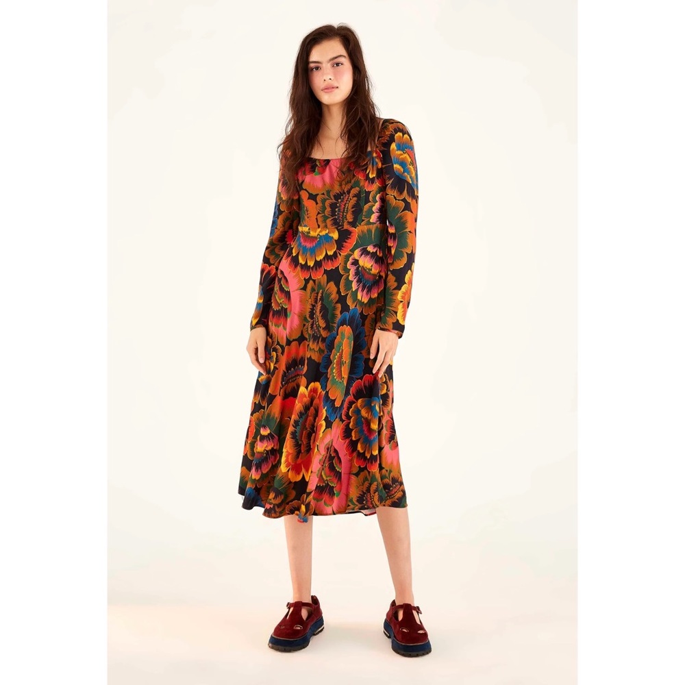 Farm Rio Dress Colorful Flowers Midi Dress Size XS